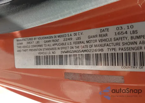 2010 Volkswagen New Beetle 2.5L Red Rock Edition from USA, damaged, VIN 3VWRG3AG5AM022698